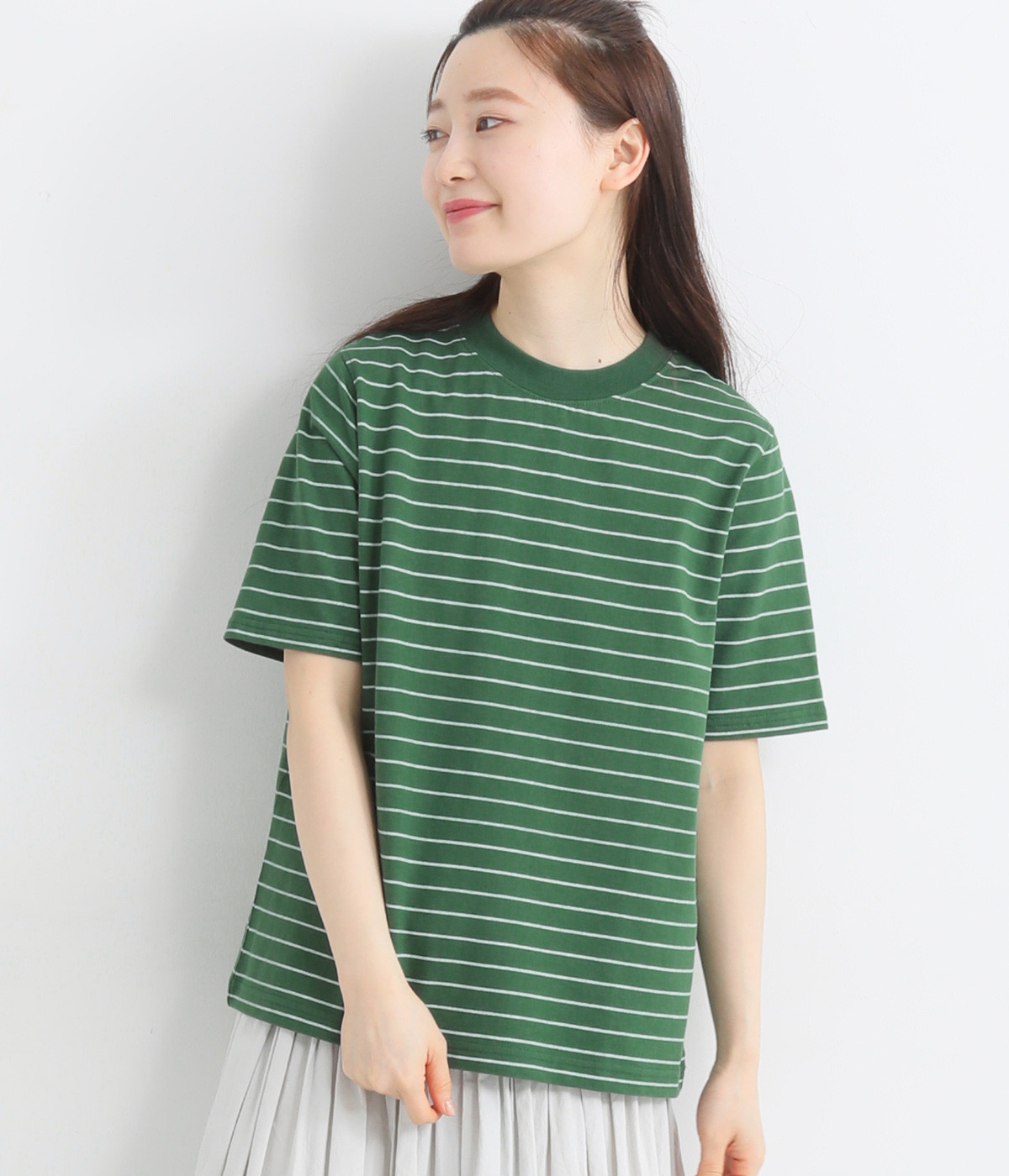 シンプルラインボーダープリントTシャツ(グリーン×オフホワイト-L)