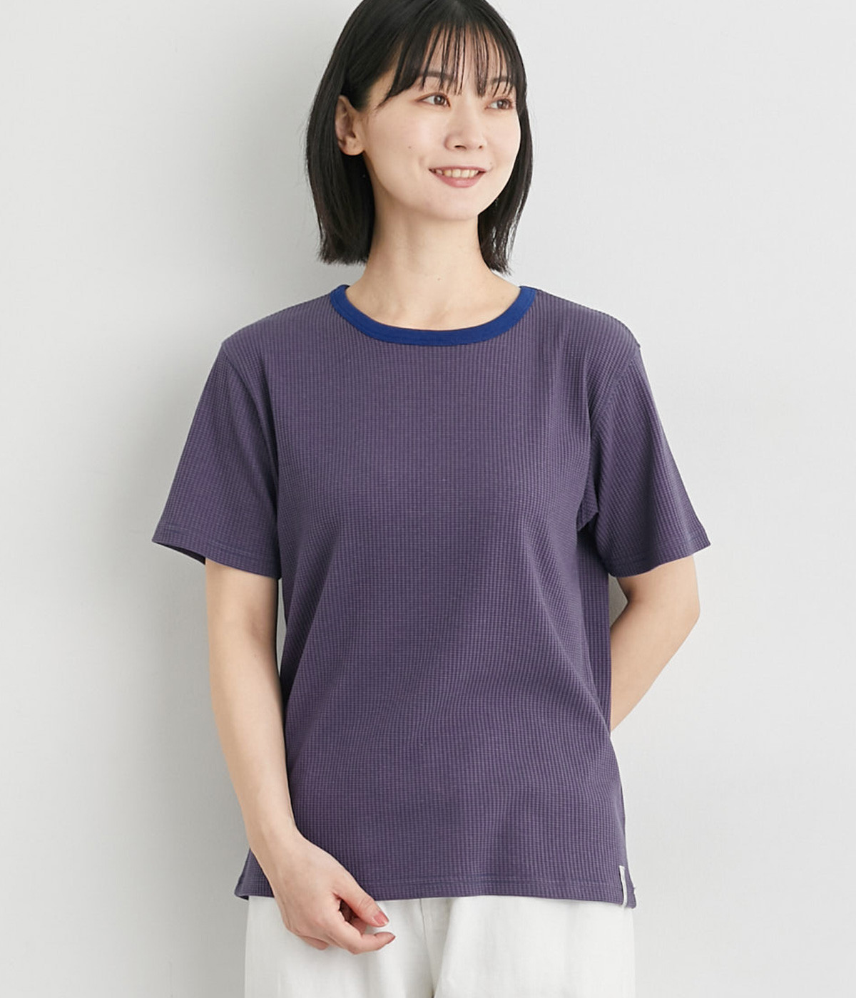 リブ編ボーダーTシャツ(ブルー×ブラウン-L)
