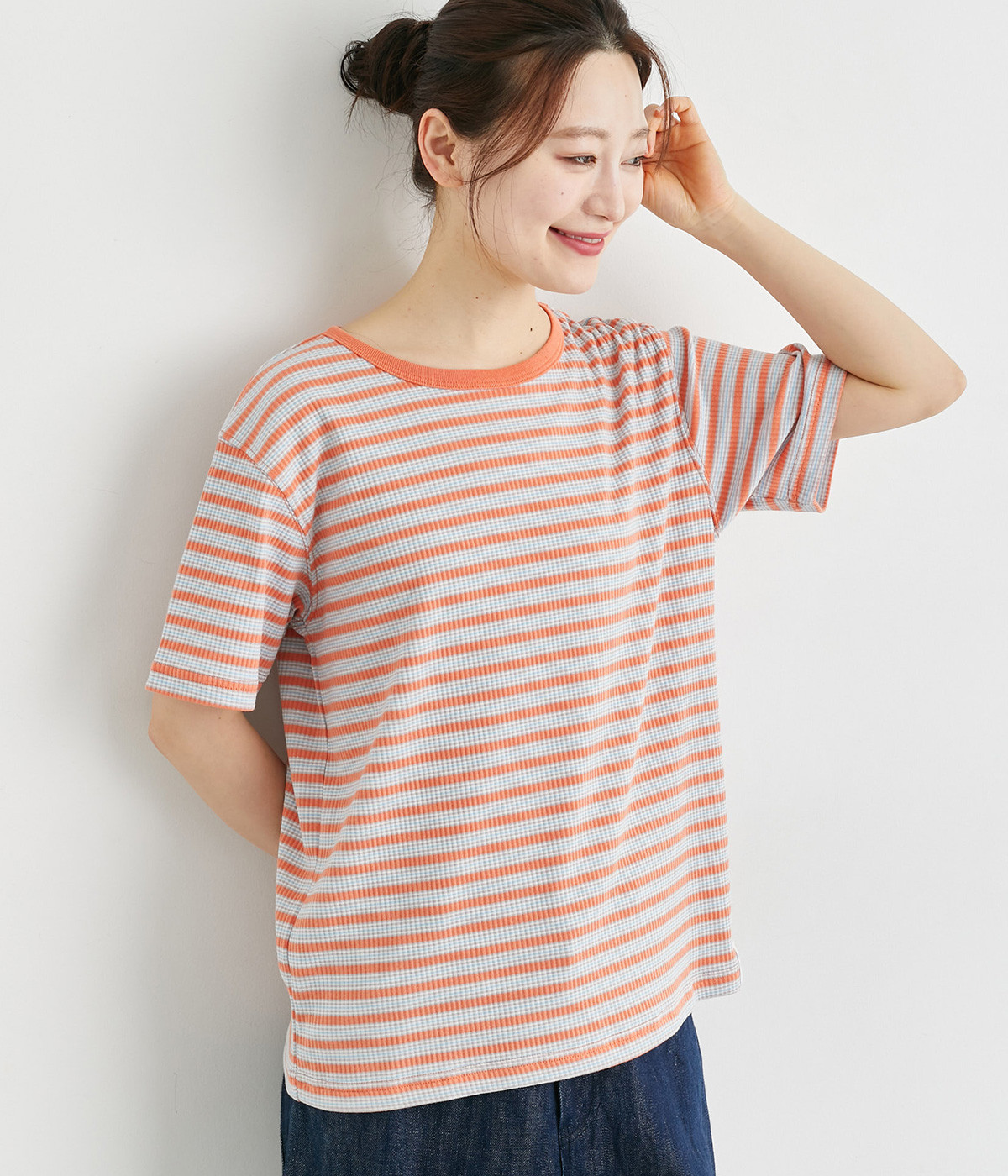 リブ編ボーダーTシャツ(オレンジ×グレー-L)