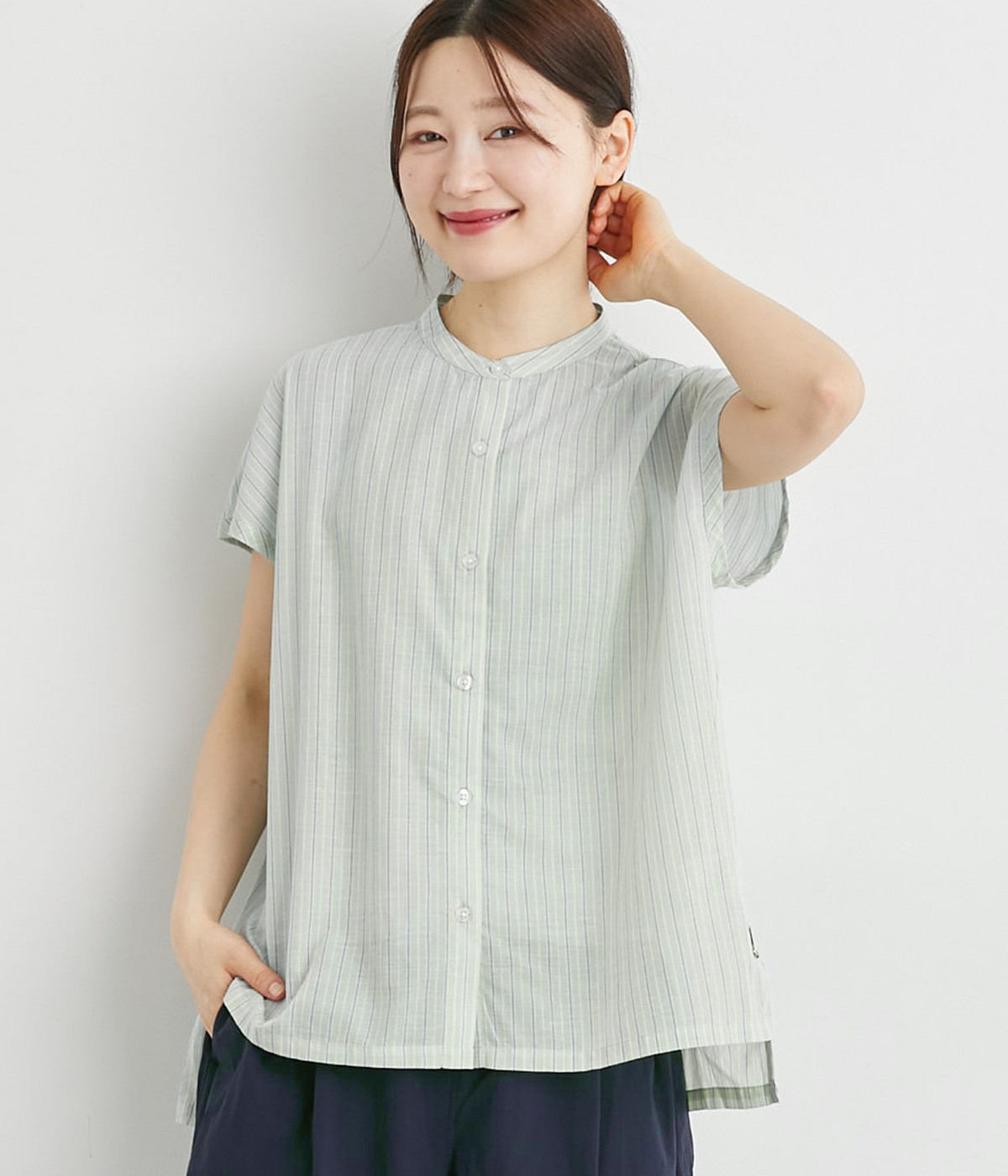 ストライプスクエアシャツ(ミント×グレー-L)