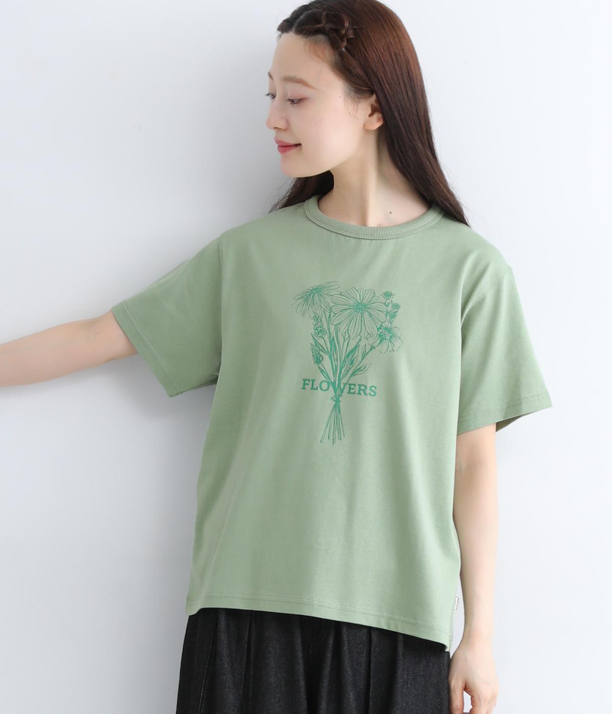 コットン花束プリントTシャツ(グリーン-L)