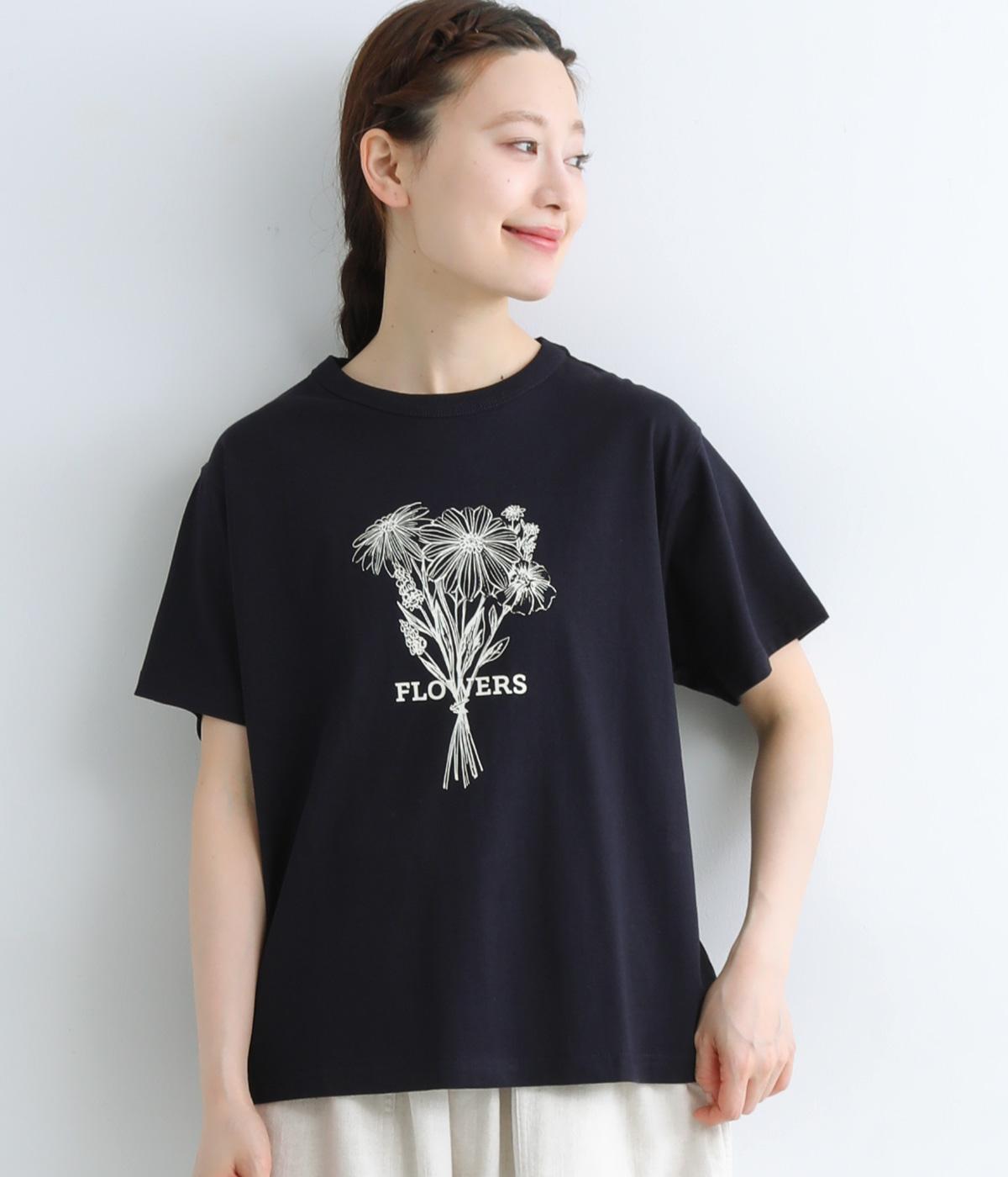 コットン花束プリントTシャツ(ネイビー-L)