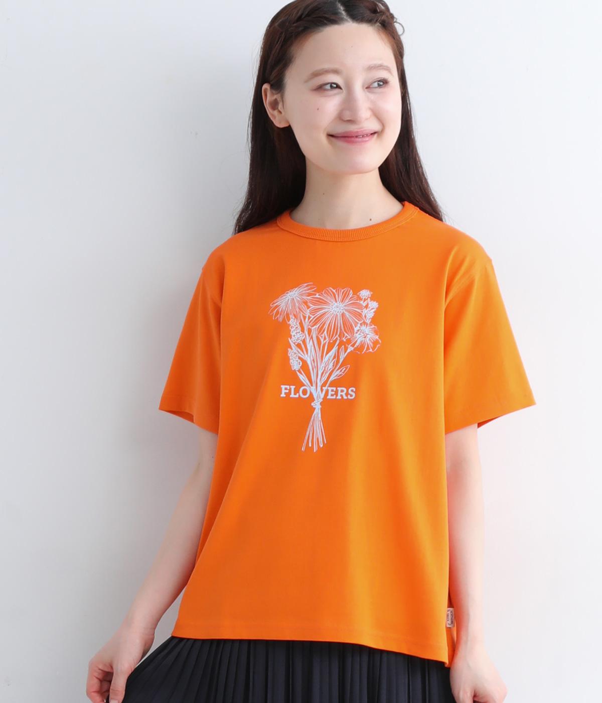 コットン花束プリントTシャツ(オレンジ-L)