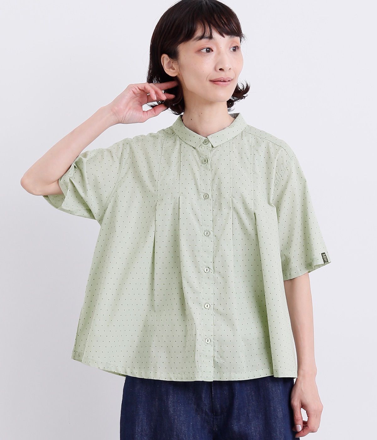 コットンドット柄ショルダータックブラウス(ライトグリーン-L)