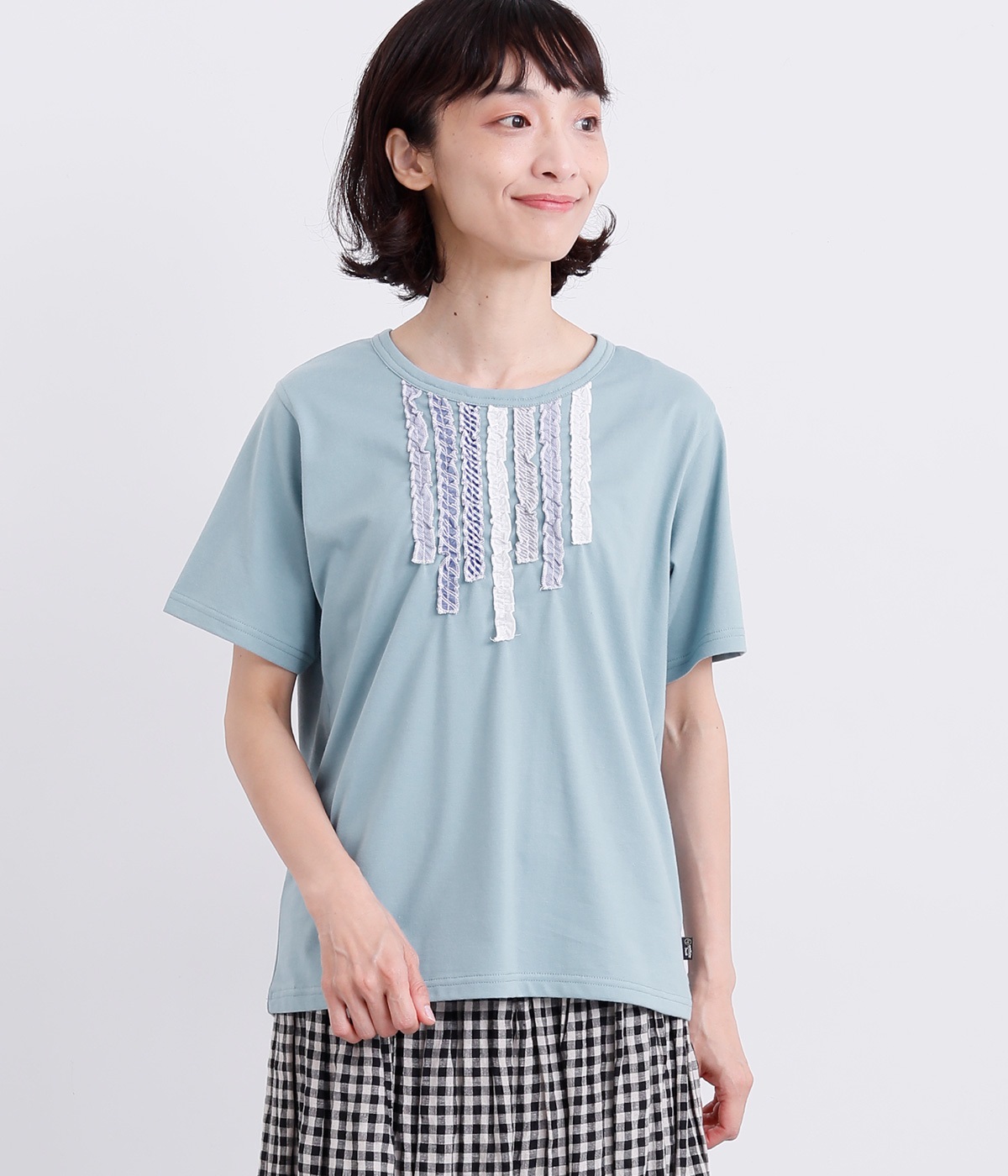フリル飾りTシャツ(ブルー-L)