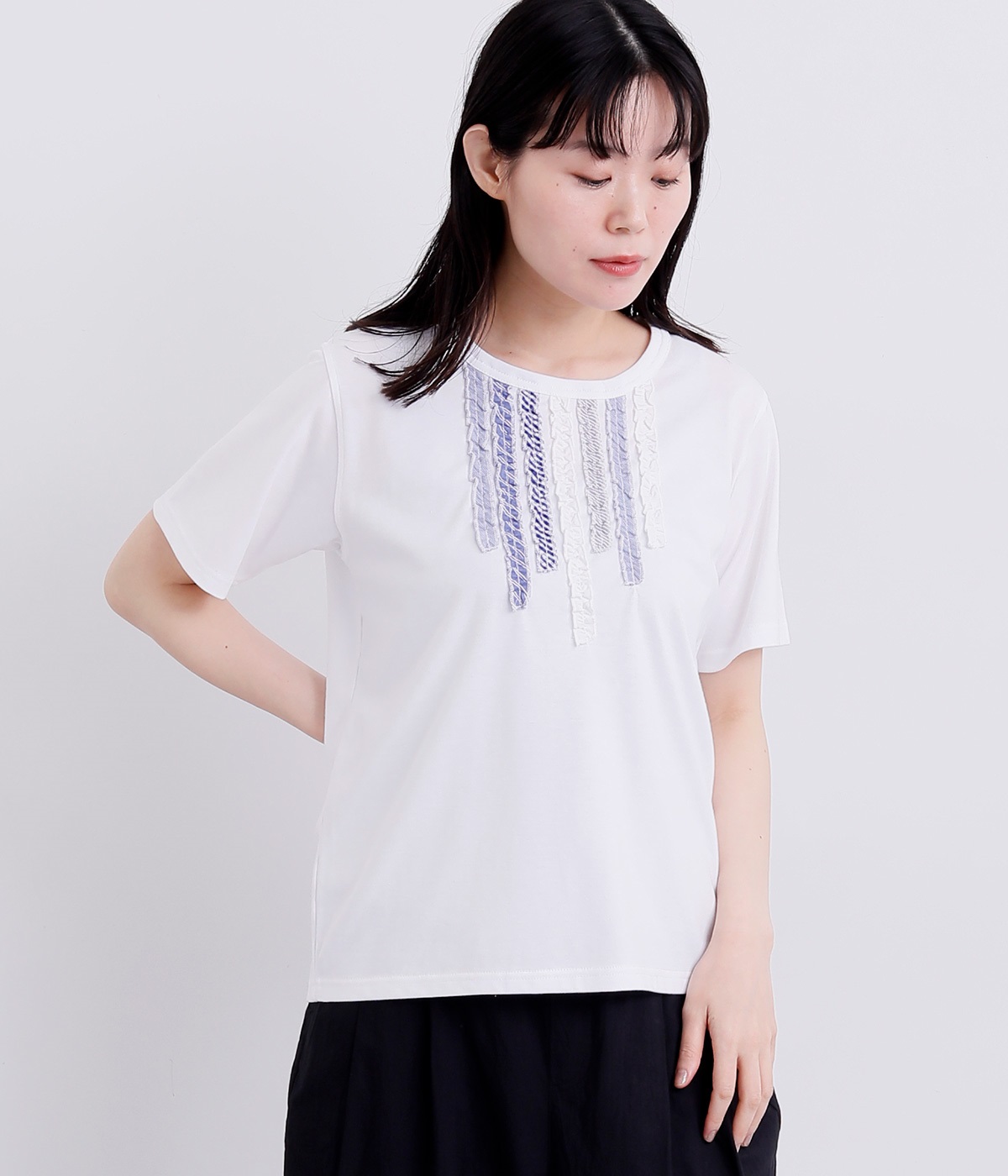 フリル飾りTシャツ(オフホワイト-L)
