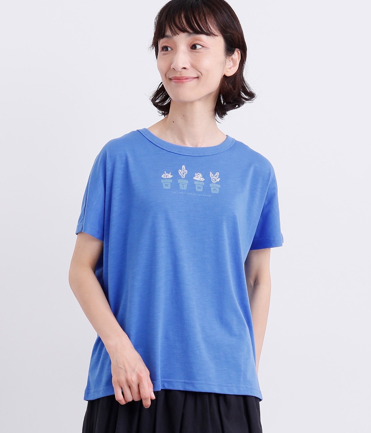 鉢植えプリント×刺繍Tシャツ(ブルー-L)