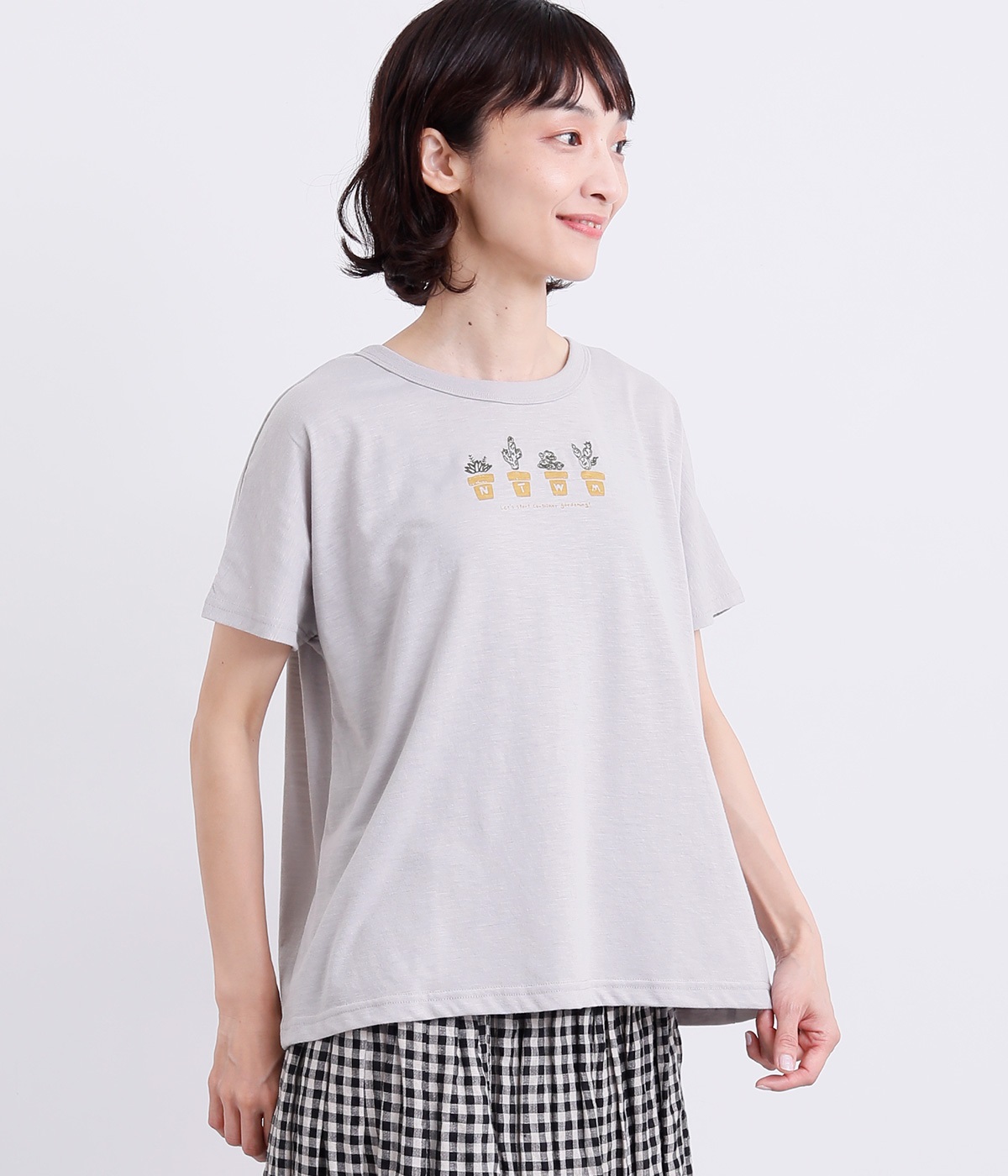 鉢植えプリント×刺繍Tシャツ(ライトグレー-L)