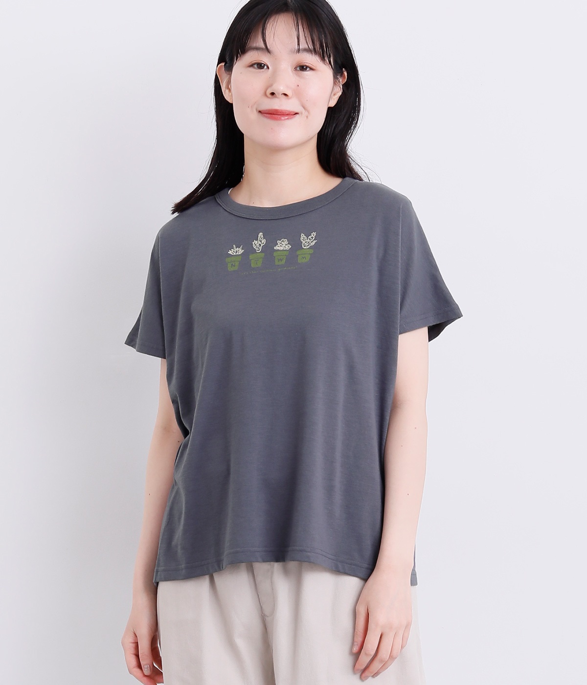 鉢植えプリント×刺繍Tシャツ(チャコール-L)