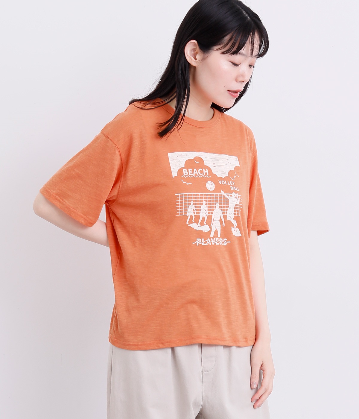 ビーチバレーボールプリントTシャツ(オレンジ-L)