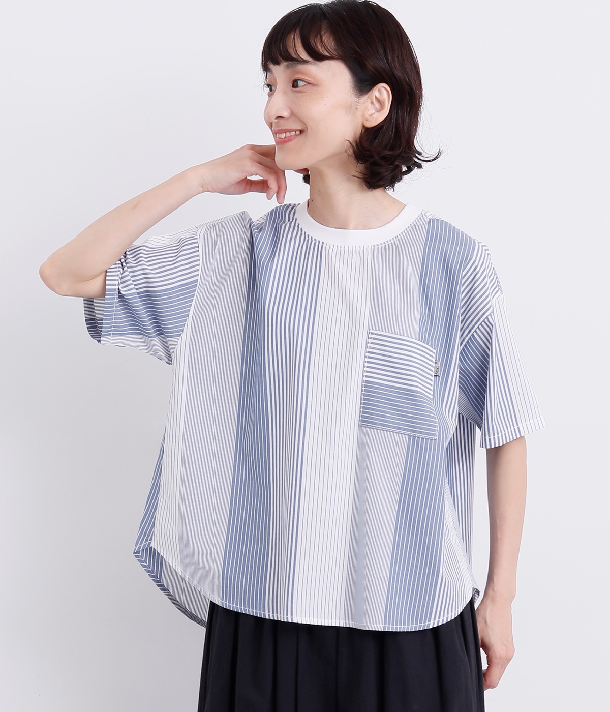 コットンパッチワーク風布帛Tシャツ(ブルー×オフホワイト-L)