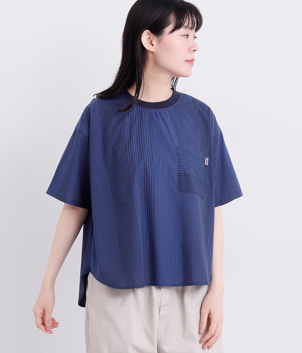 コットンパッチワーク風布帛Tシャツ(ネイビー×ブルー-L)