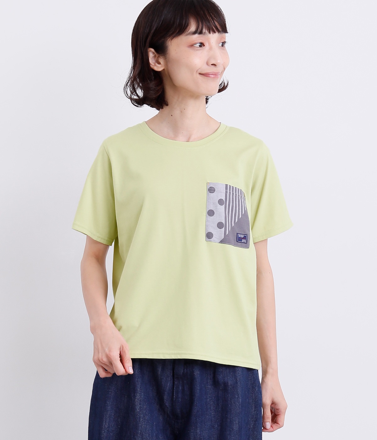 パッチワークプリントポケットTシャツ(ライトグリーン-L)