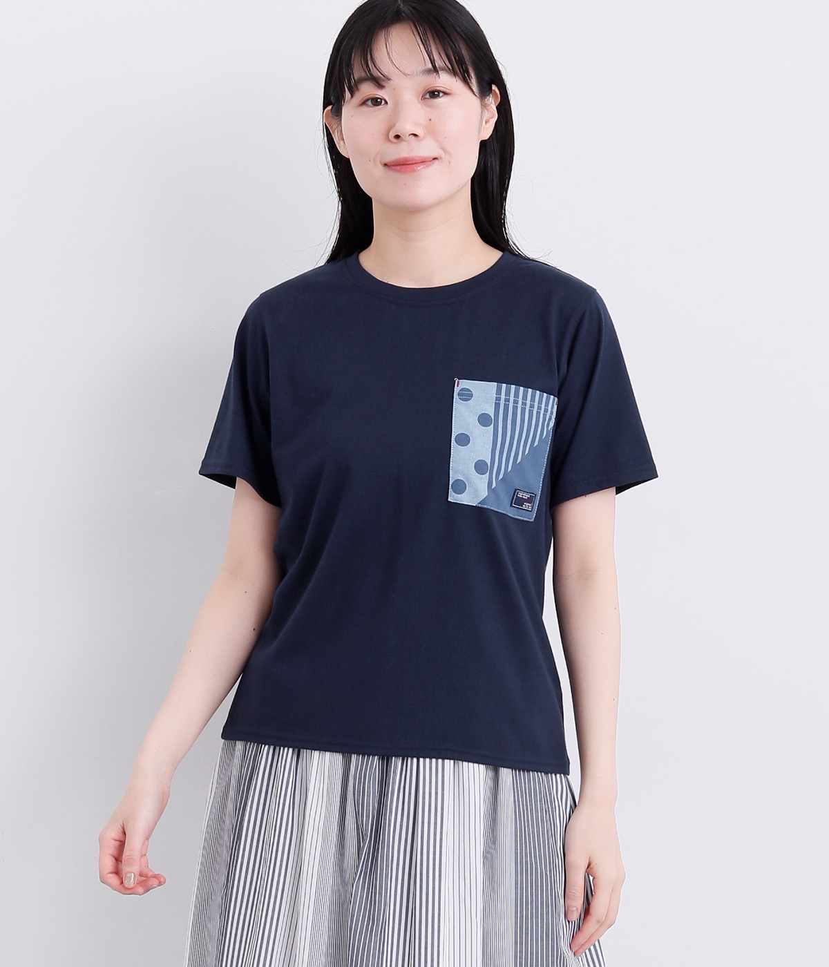 パッチワークプリントポケットTシャツ(ネイビー-L)