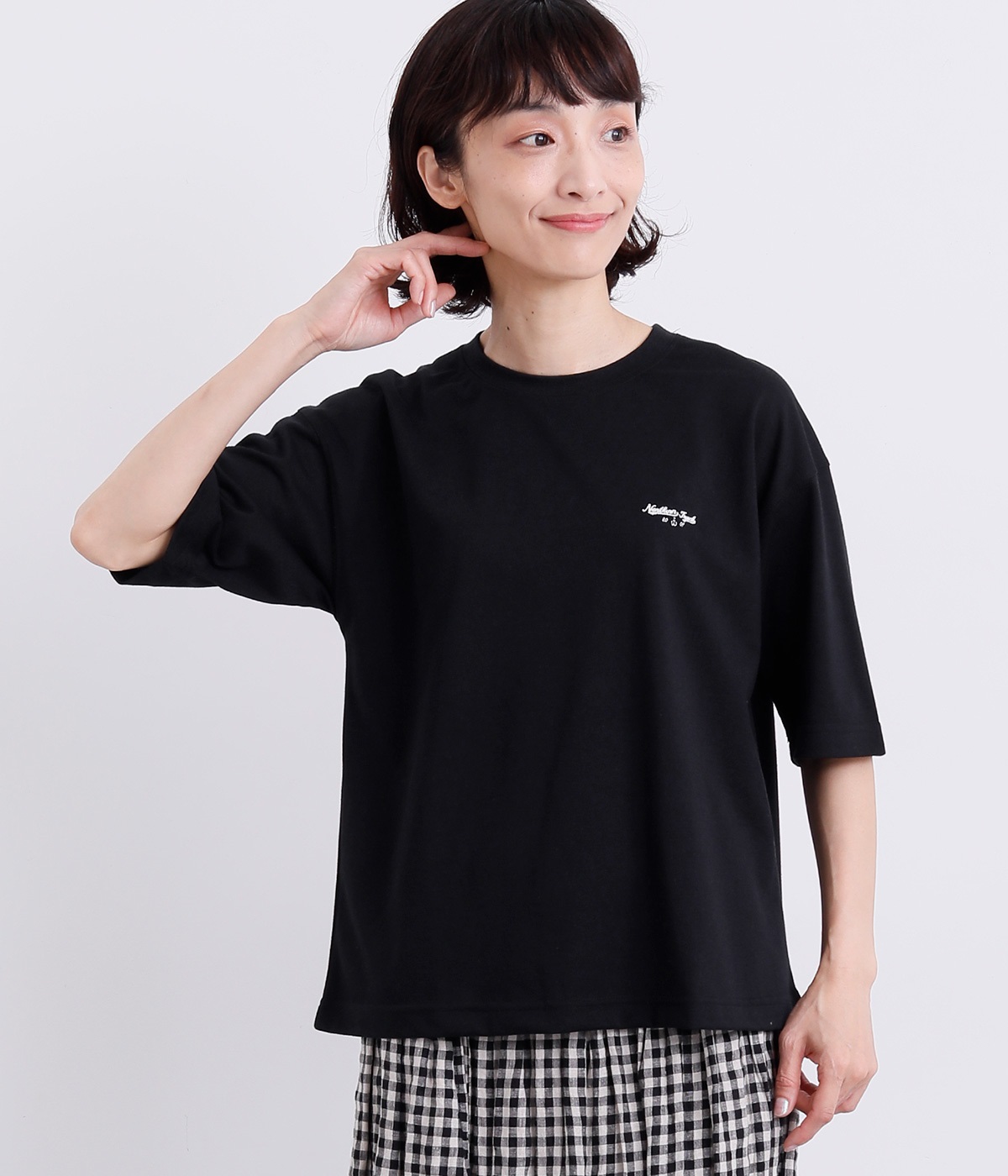 刺繍入り鹿の子Tシャツ(ブラック-L)