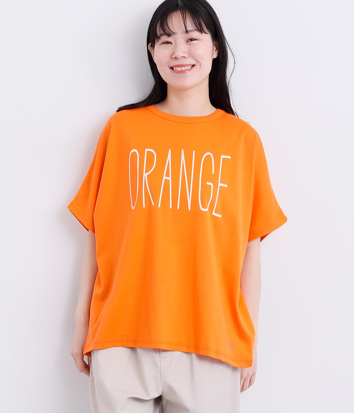 BIGロゴプリントワイドTシャツ(オレンジ-L)