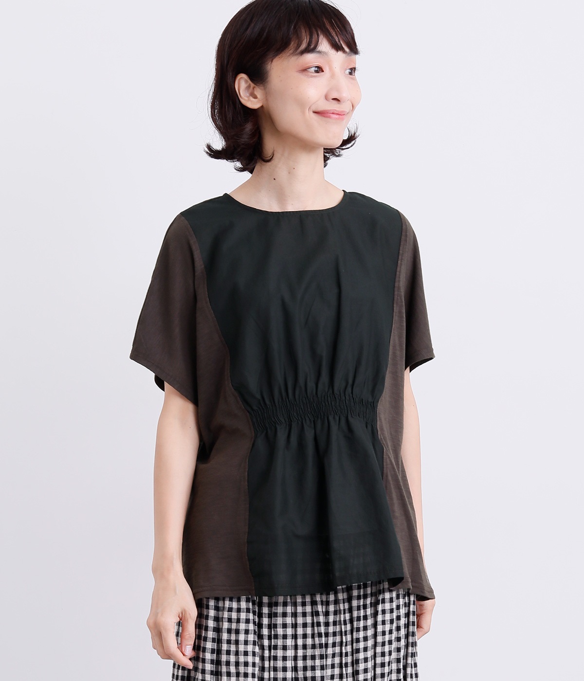 ウエストギャザースクエアTシャツ(ダークブラウン-L)