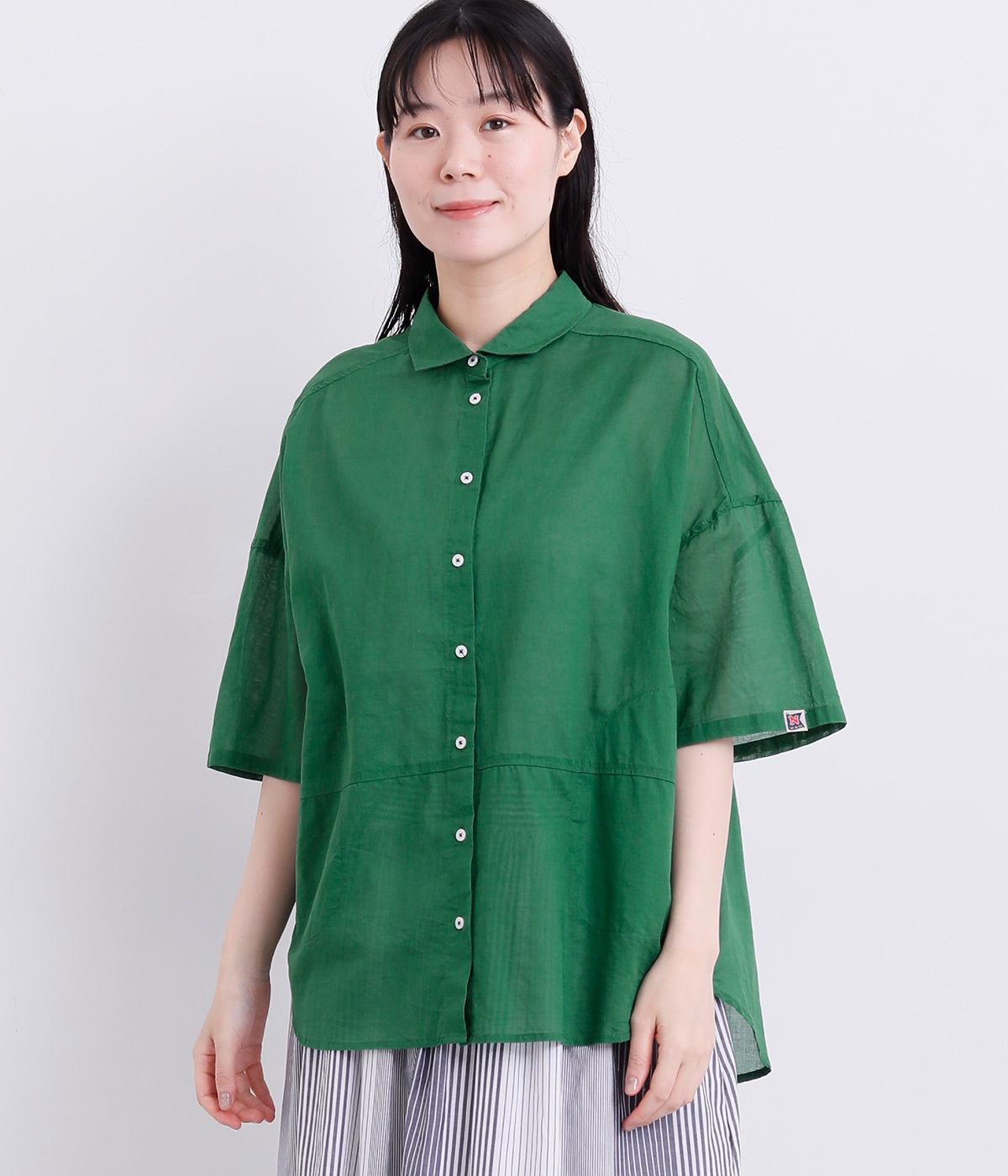 コットンヘム切替ロングシャツ(グリーン-L)