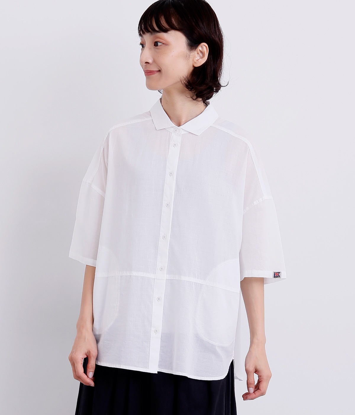 コットンヘム切替ロングシャツ(オフホワイト-L)