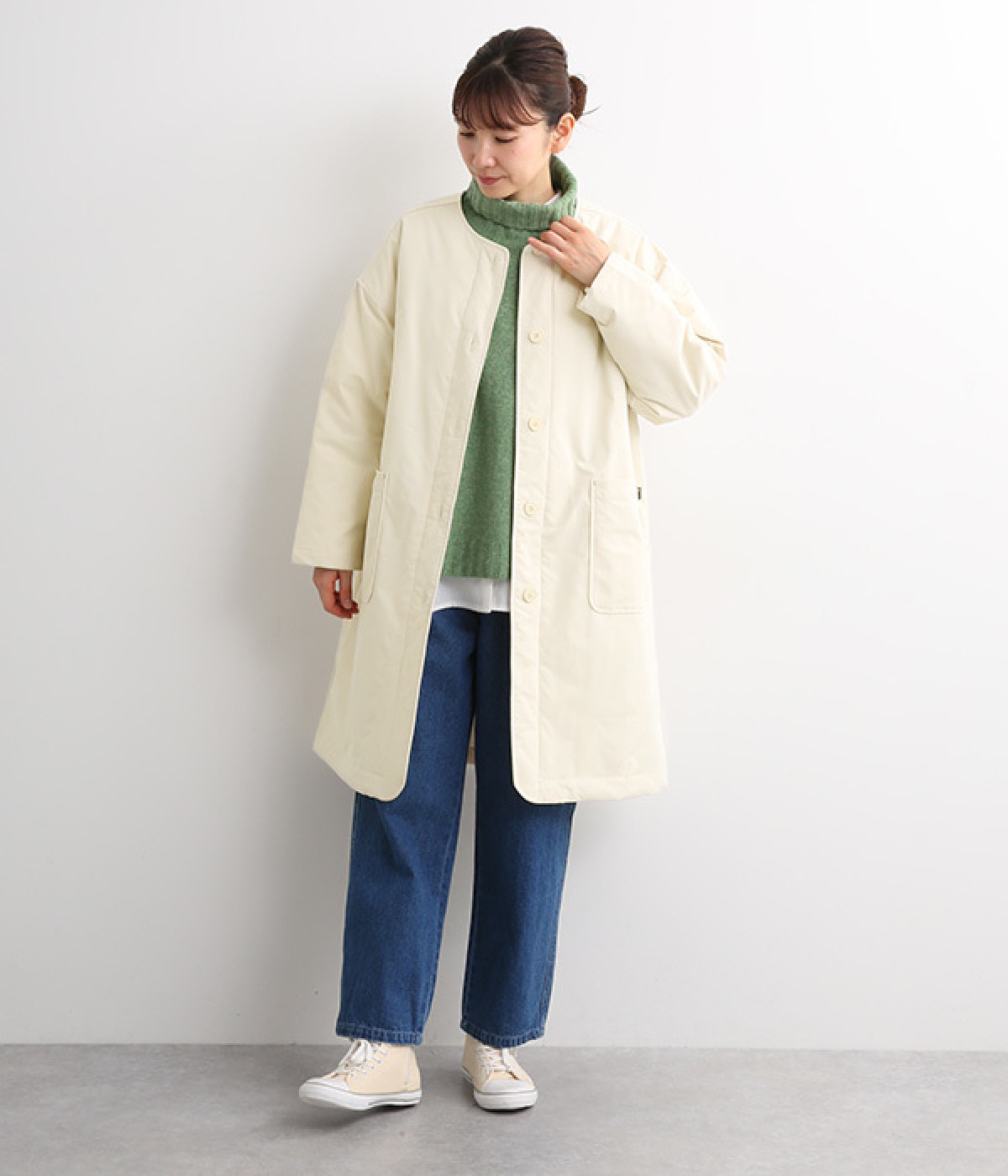 ノーカラー中綿ロングコート(アイボリー-L)