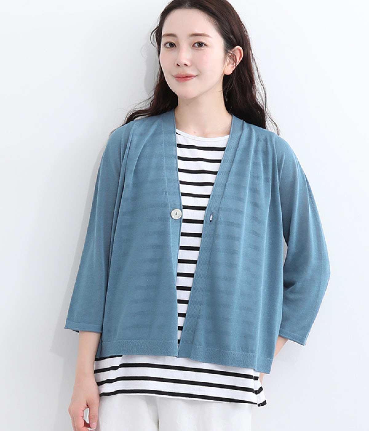 ホールガーメント　リネン混6分袖カーディガン(ブルー-ONESIZE)