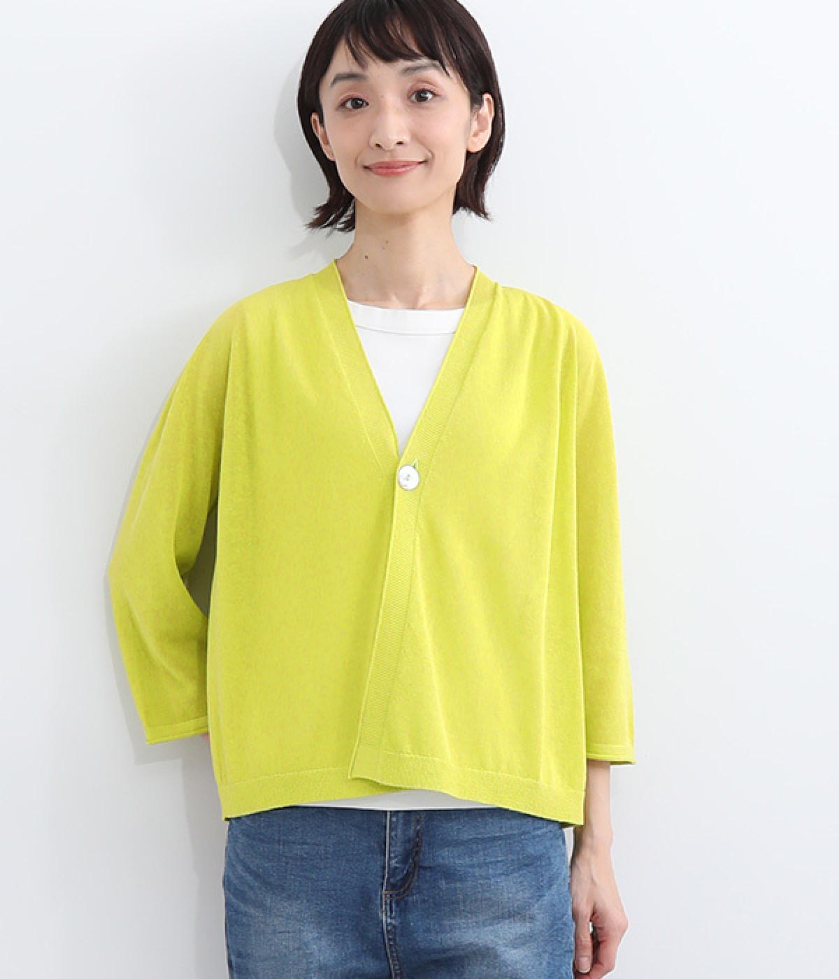 ホールガーメント　リネン混6分袖カーディガン(イエローグリーン-ONESIZE)