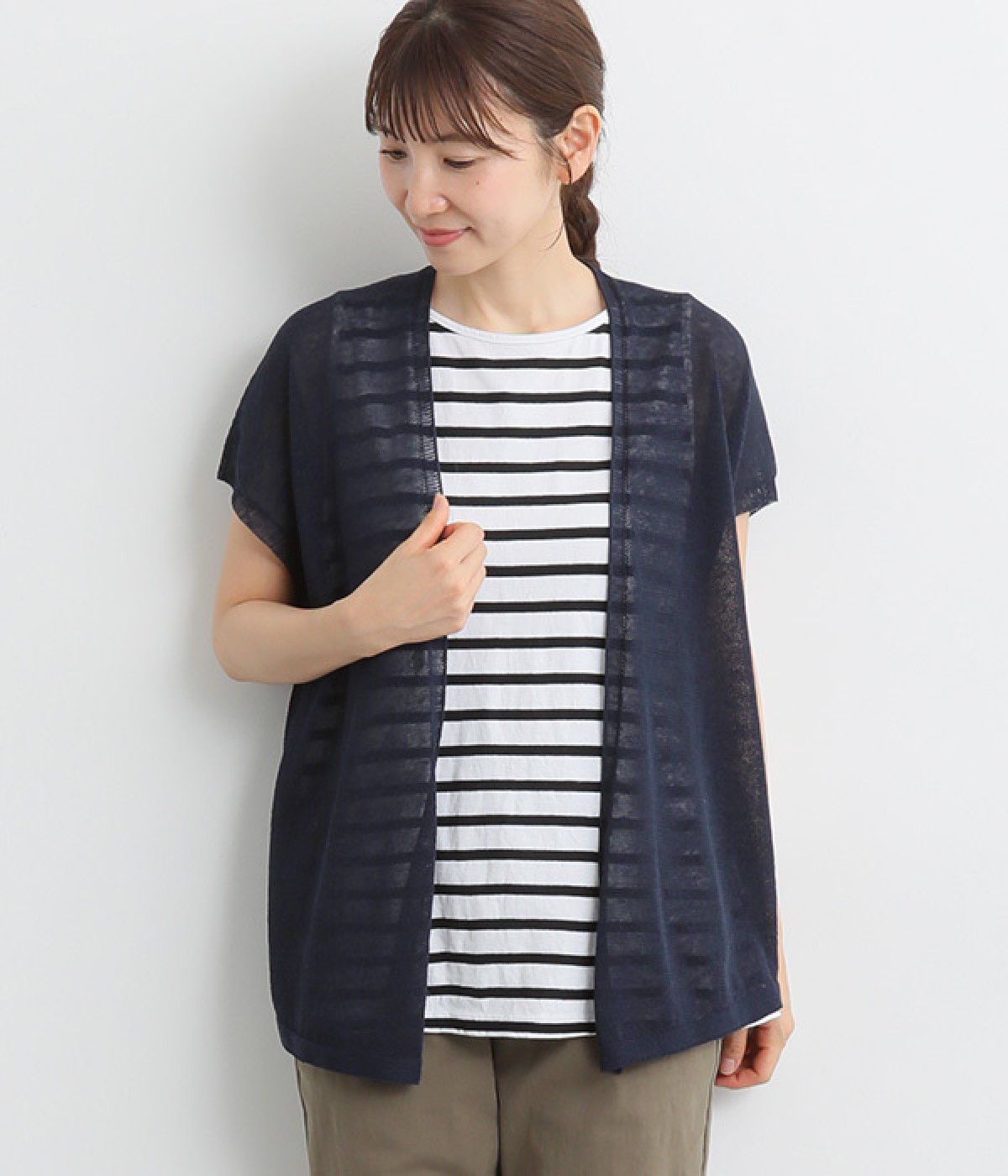 ホールガーメント　リネン混フレンチ袖羽織(ネイビー-ONESIZE)