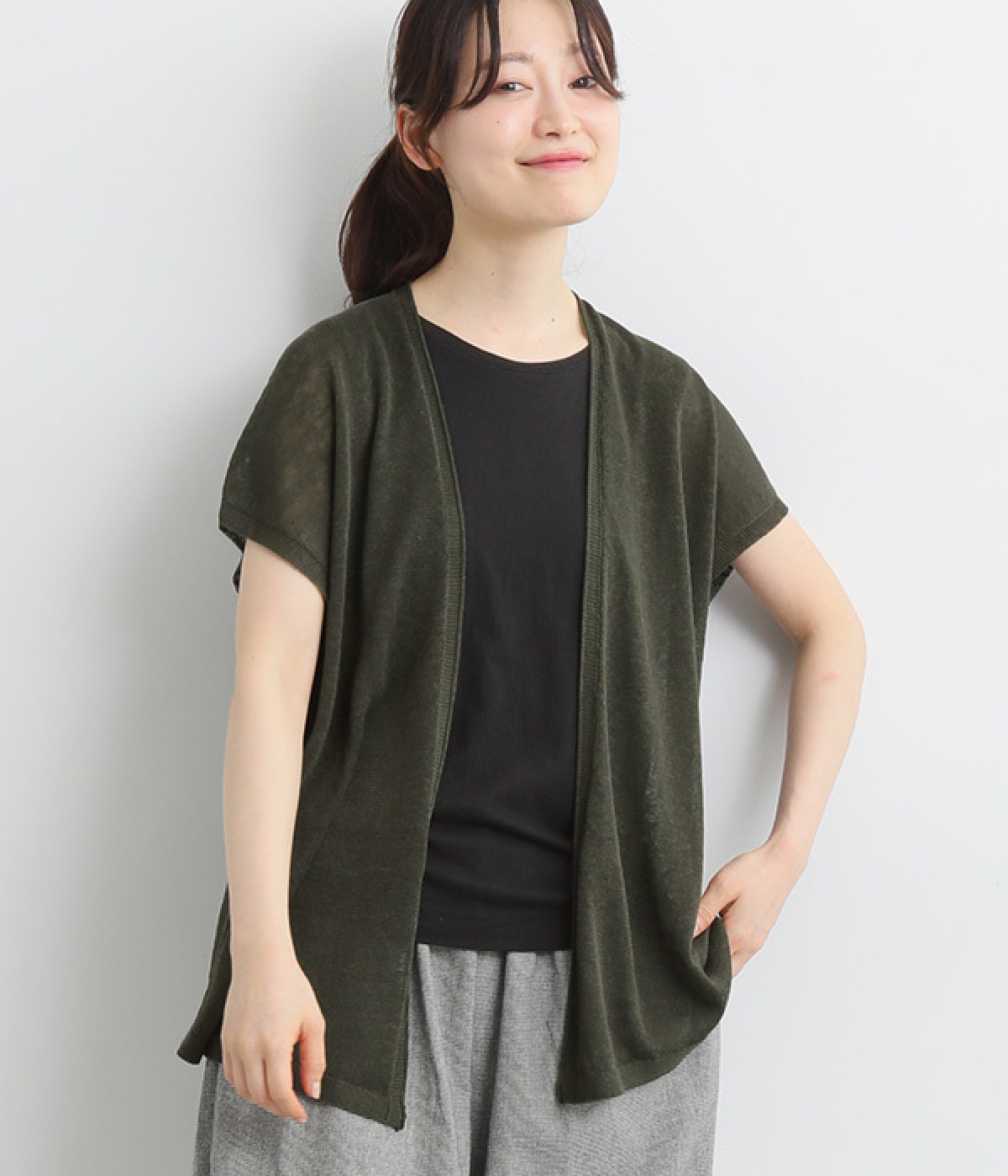 ホールガーメント　リネン混フレンチ袖羽織(カーキ-ONESIZE)
