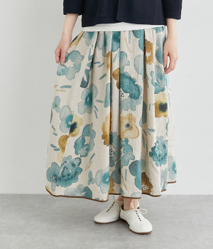 リネン　アネモネプリントスカート(グリーン-3)