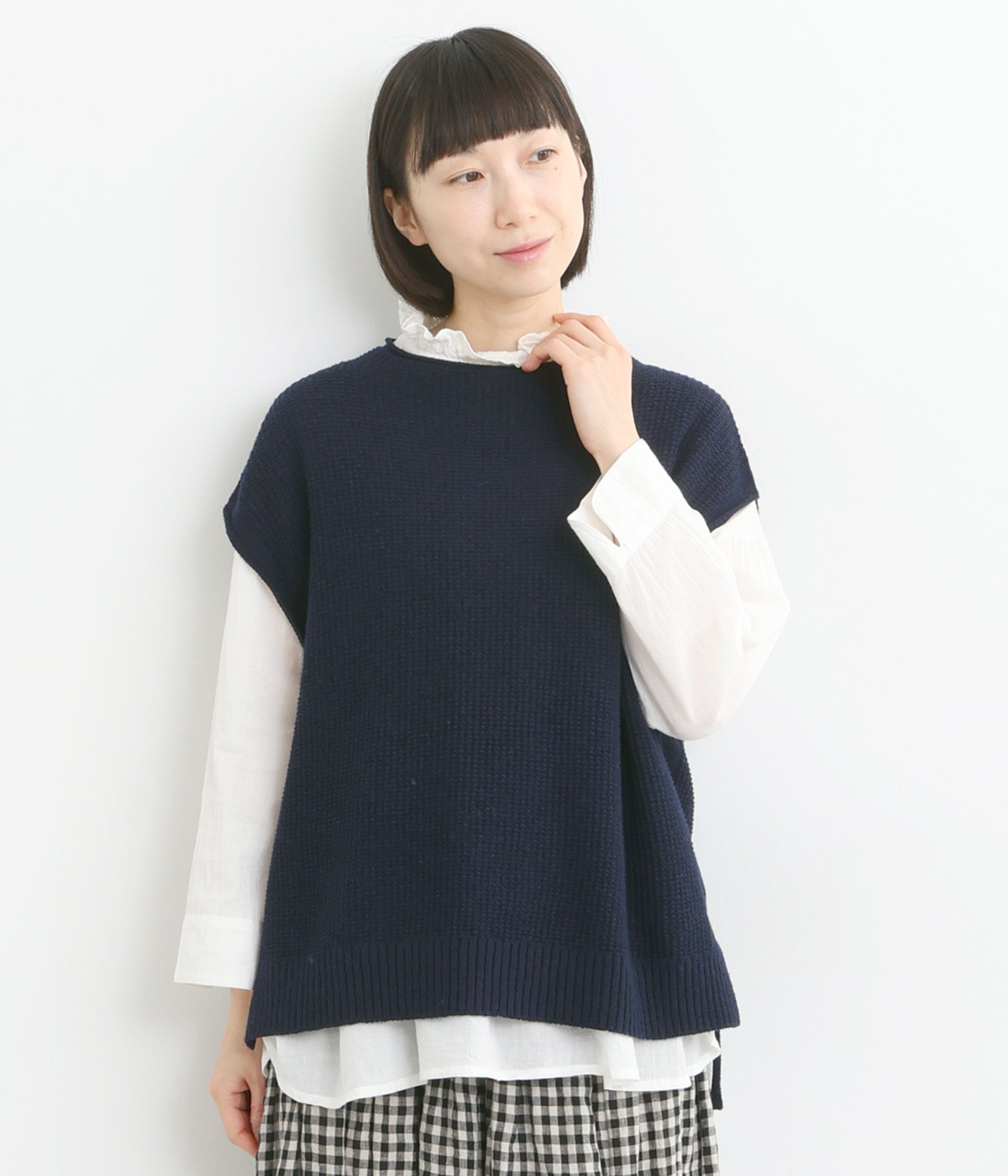 ホールガーメント　コットンウール混モックネックベスト(ネイビー-ONESIZE)
