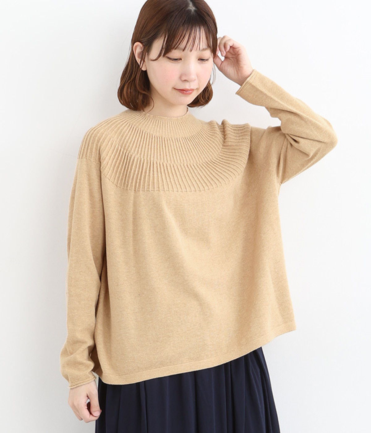ホールガーメント　求心編モックネックワイドプルオーバー(ベージュ-ONESIZE)