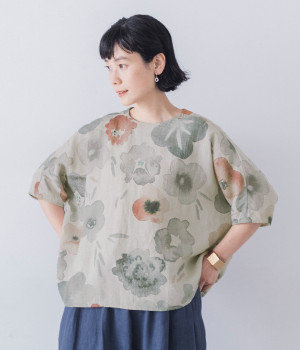 リネン　アネモネプリントシャツ(レッド-3)