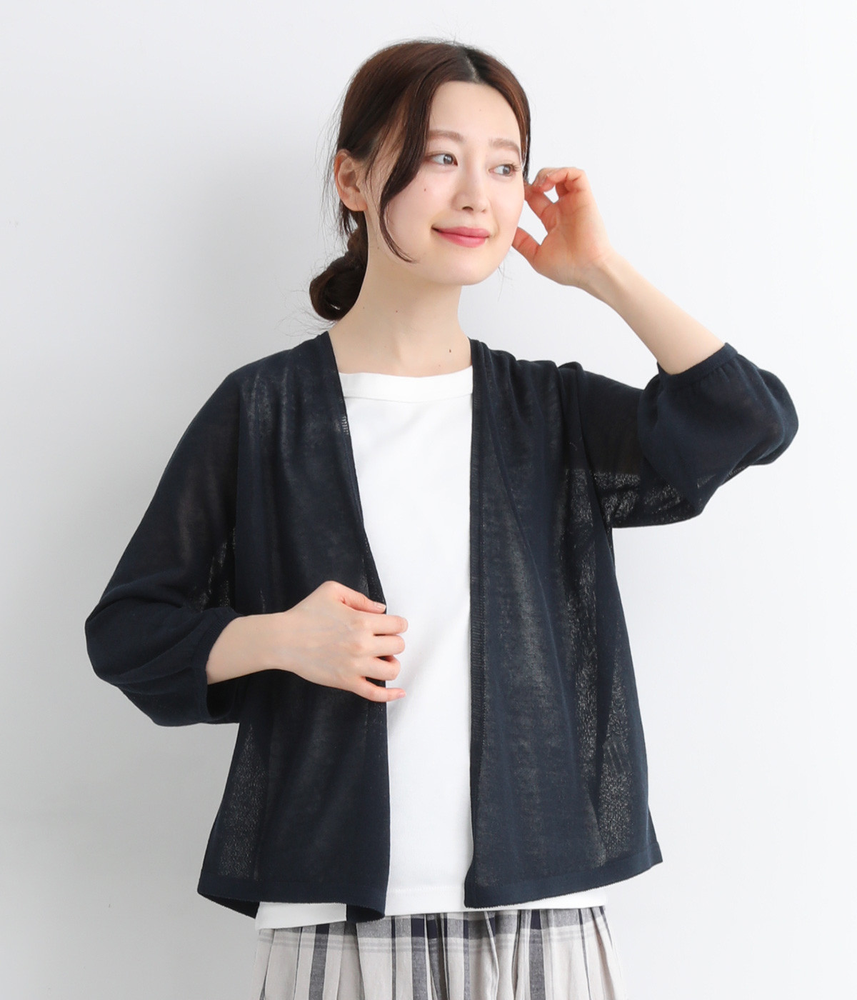 ホールガーメント　リネン混バルーン袖羽織カーディガン(ネイビー-ONESIZE)