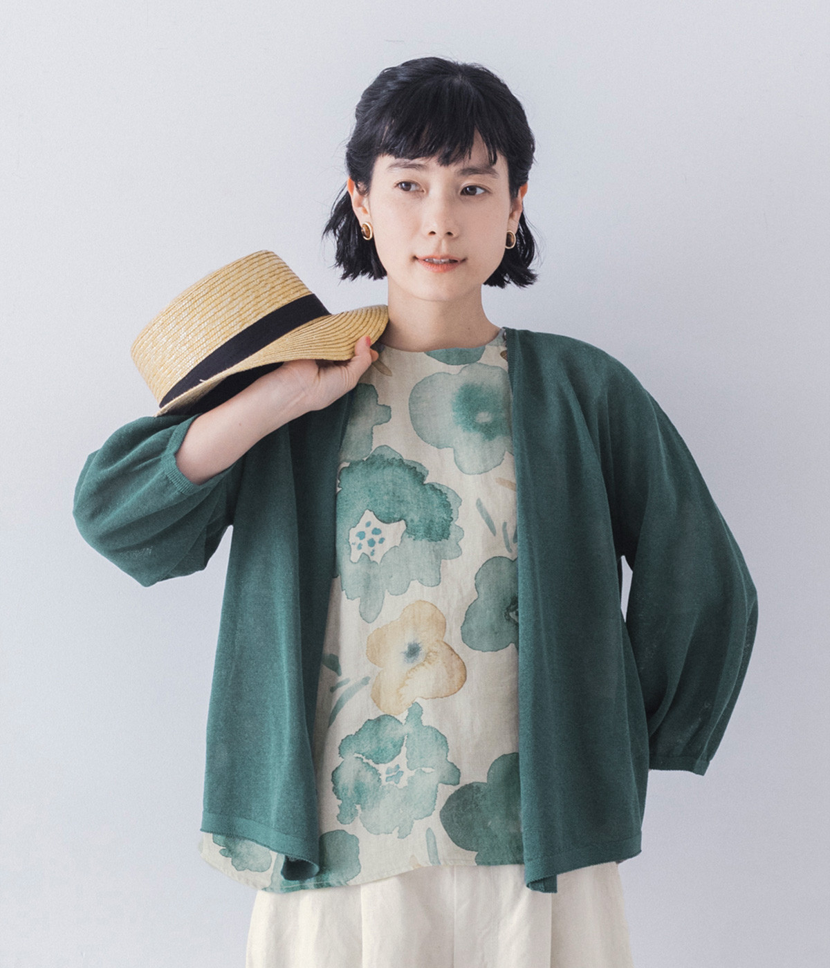 ホールガーメント　リネン混バルーン袖羽織カーディガン(グリーン-ONESIZE)