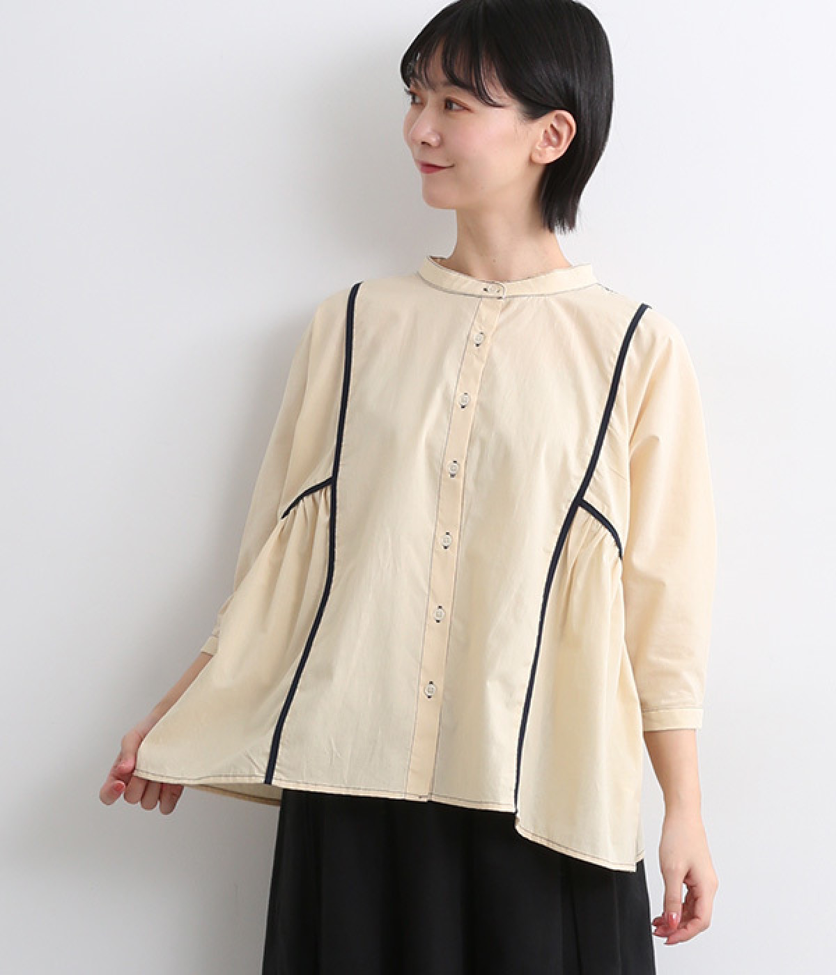 無地コットン 配色ギャザーパイピングシャツ(ナチュラル-ONESIZE)