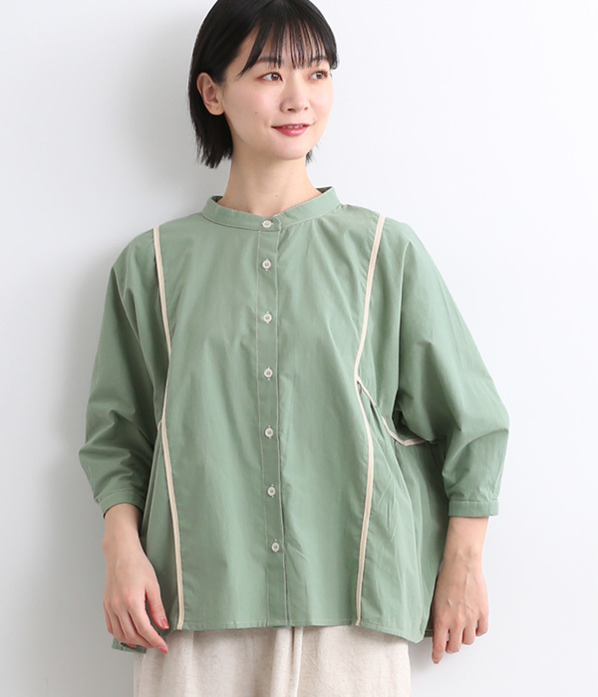 無地コットン 配色ギャザーパイピングシャツ(ライトグリーン-ONESIZE)