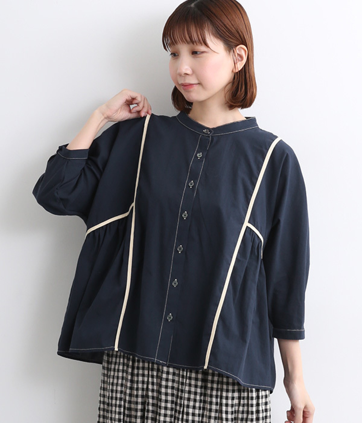 無地コットン 配色ギャザーパイピングシャツ(インディゴ-ONESIZE)