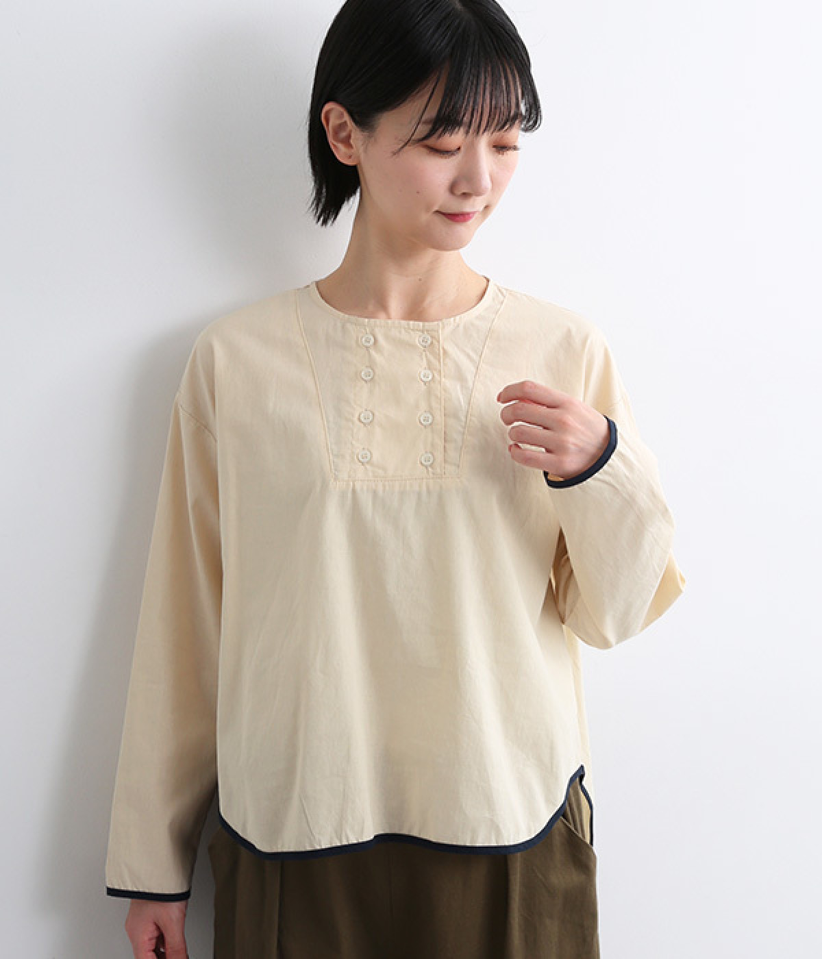 無地コットン 配色ダブル釦プルオーバー(ナチュラル-ONESIZE)