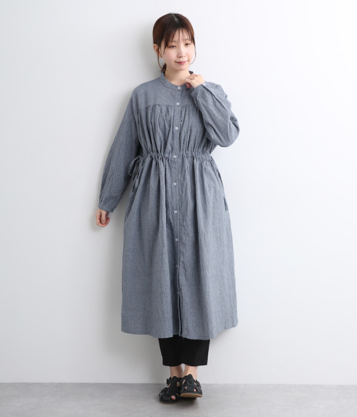 コットンリネンワッシャー ウエストギャザーシャツワンピース(ブルー-ONESIZE)