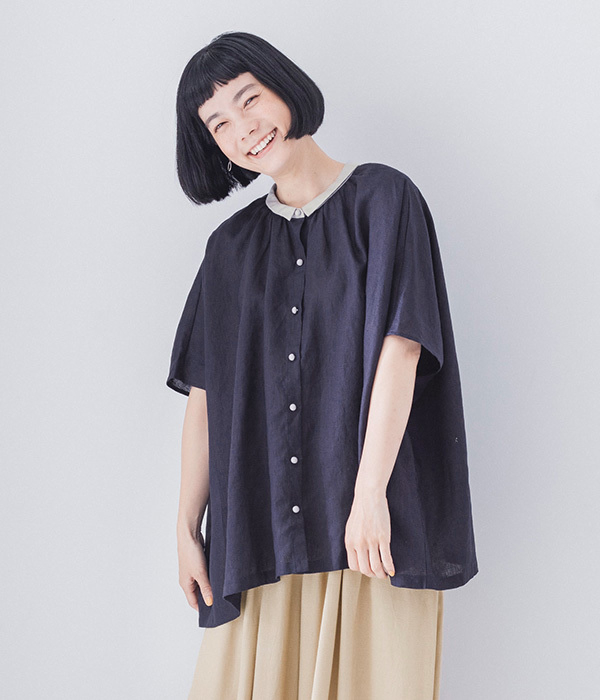 別注｜リネン　ちび襟配色ドルマンシャツ(ネイビー-ONESIZE)
