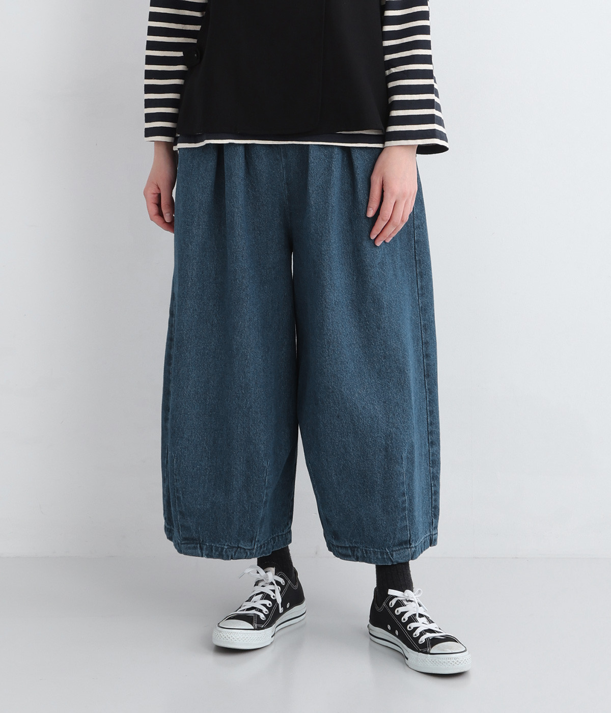 11ozコットンリネン裾タックバルーンパンツ(ブルー-ONESIZE)