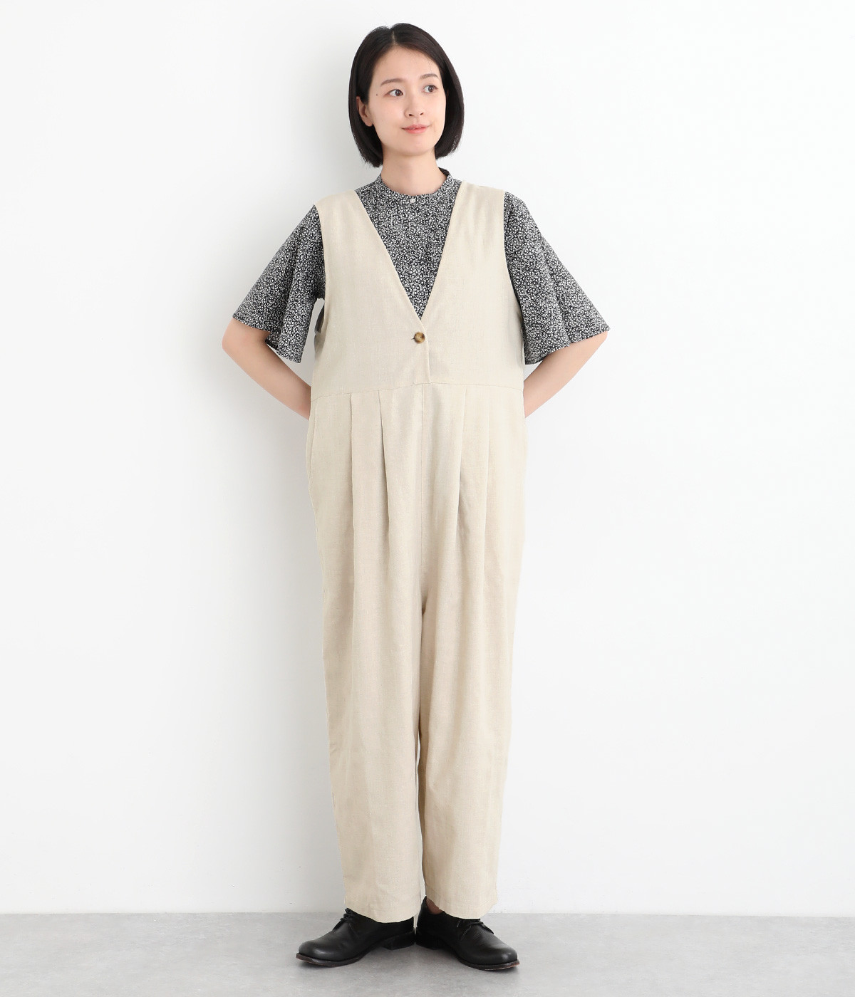 コットンリネンヘリンボーン　タックサロペット(ナチュラル-ONESIZE)