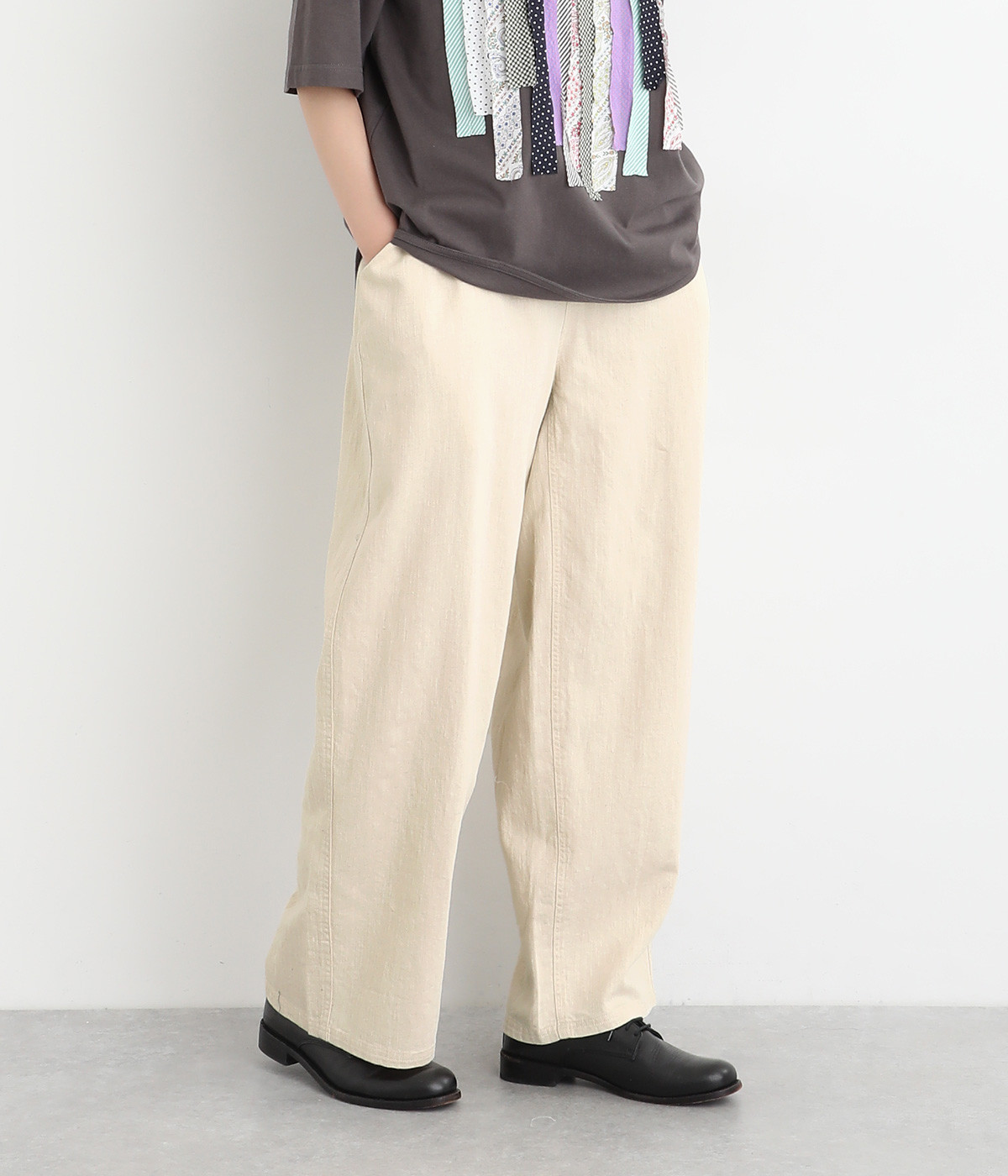コットンリネン甘撚りデニム　ワイドパンツ(ナチュラル-ONESIZE)