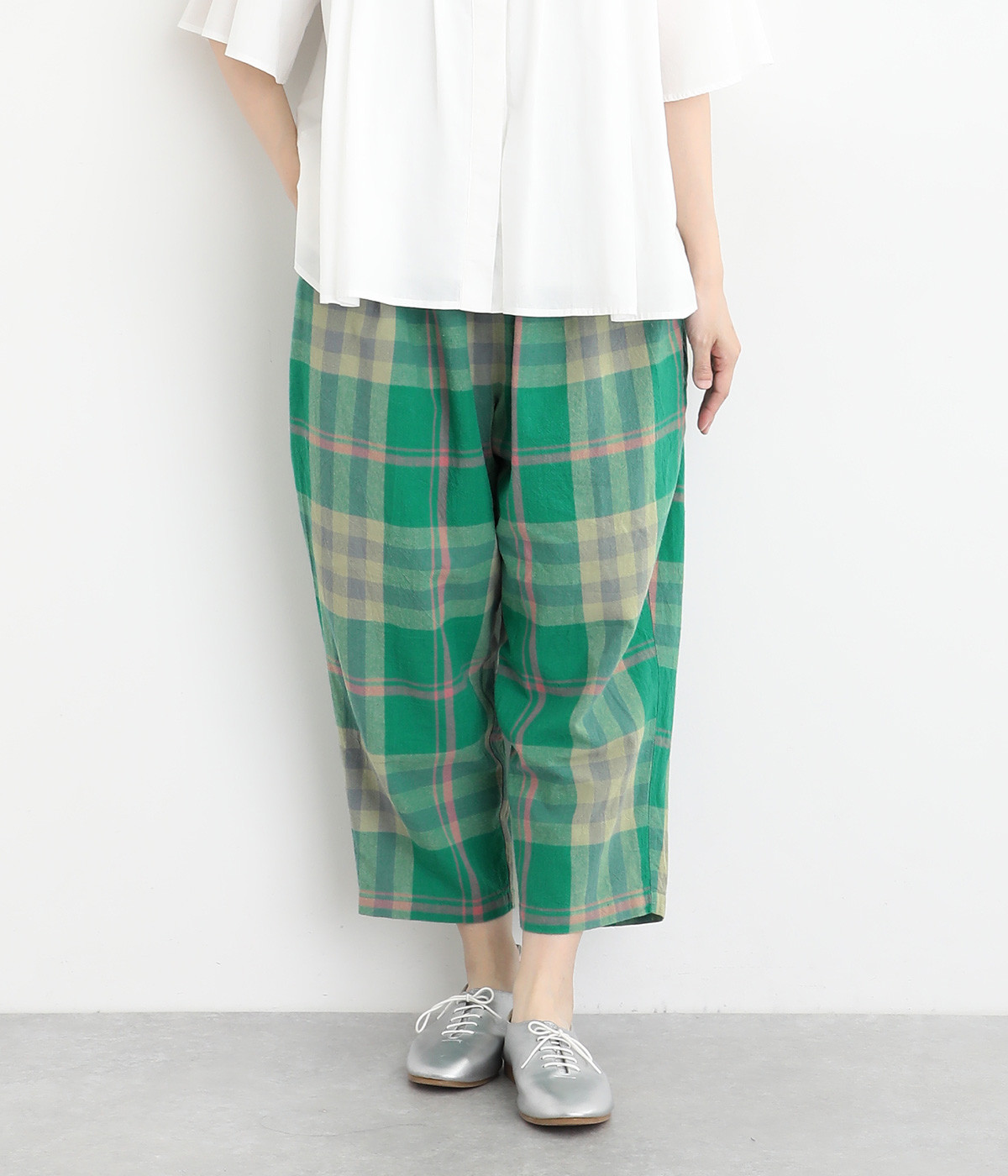 コットンリネンマドラスチェック　istaパンツ(グリーン-ONESIZE)