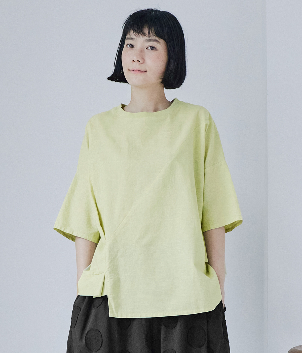 リネンコットンガーゼ　イレギュラーヘムTEE(グリーン-ONESIZE)