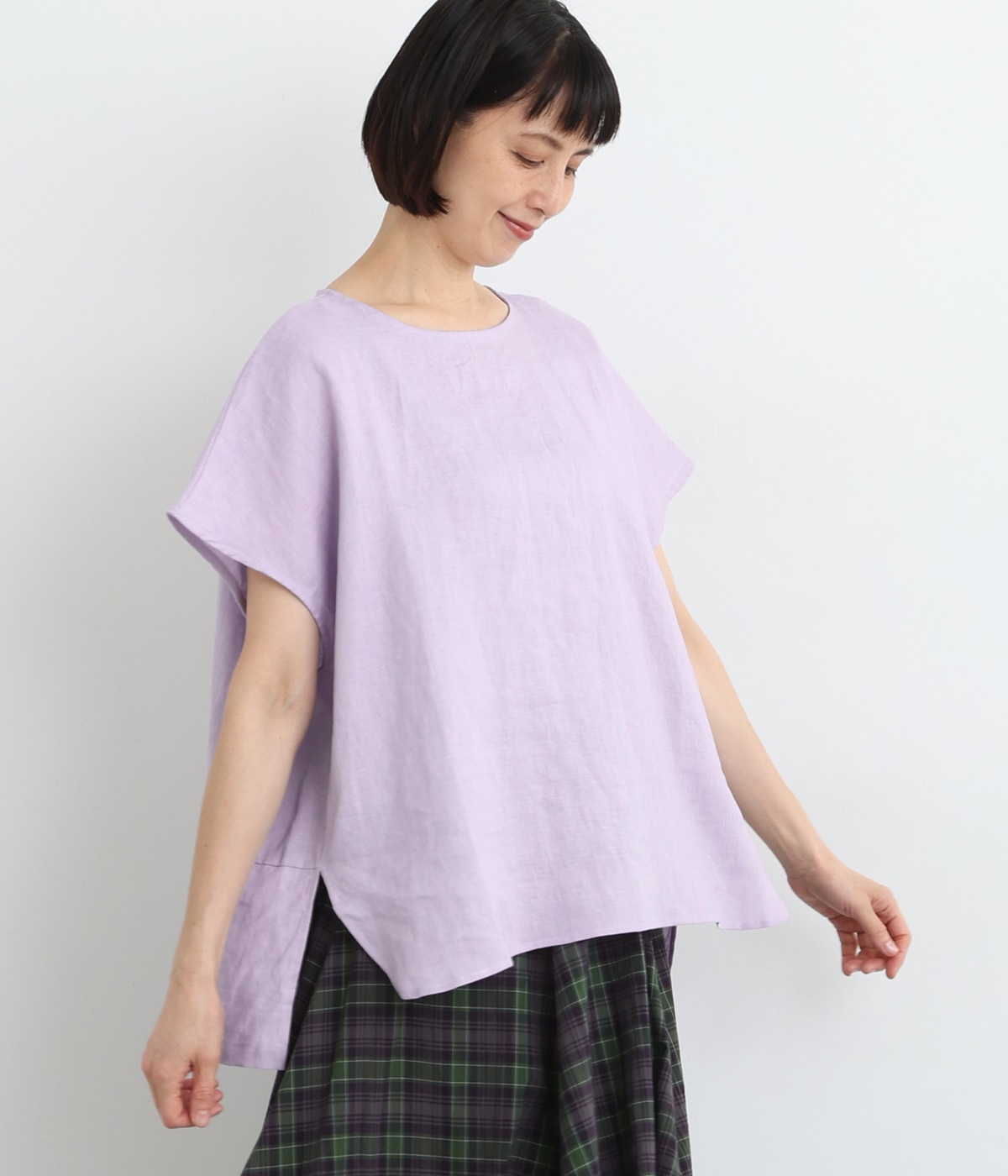 平織リネン　フレンチブラウス(ライラック-ONESIZE)