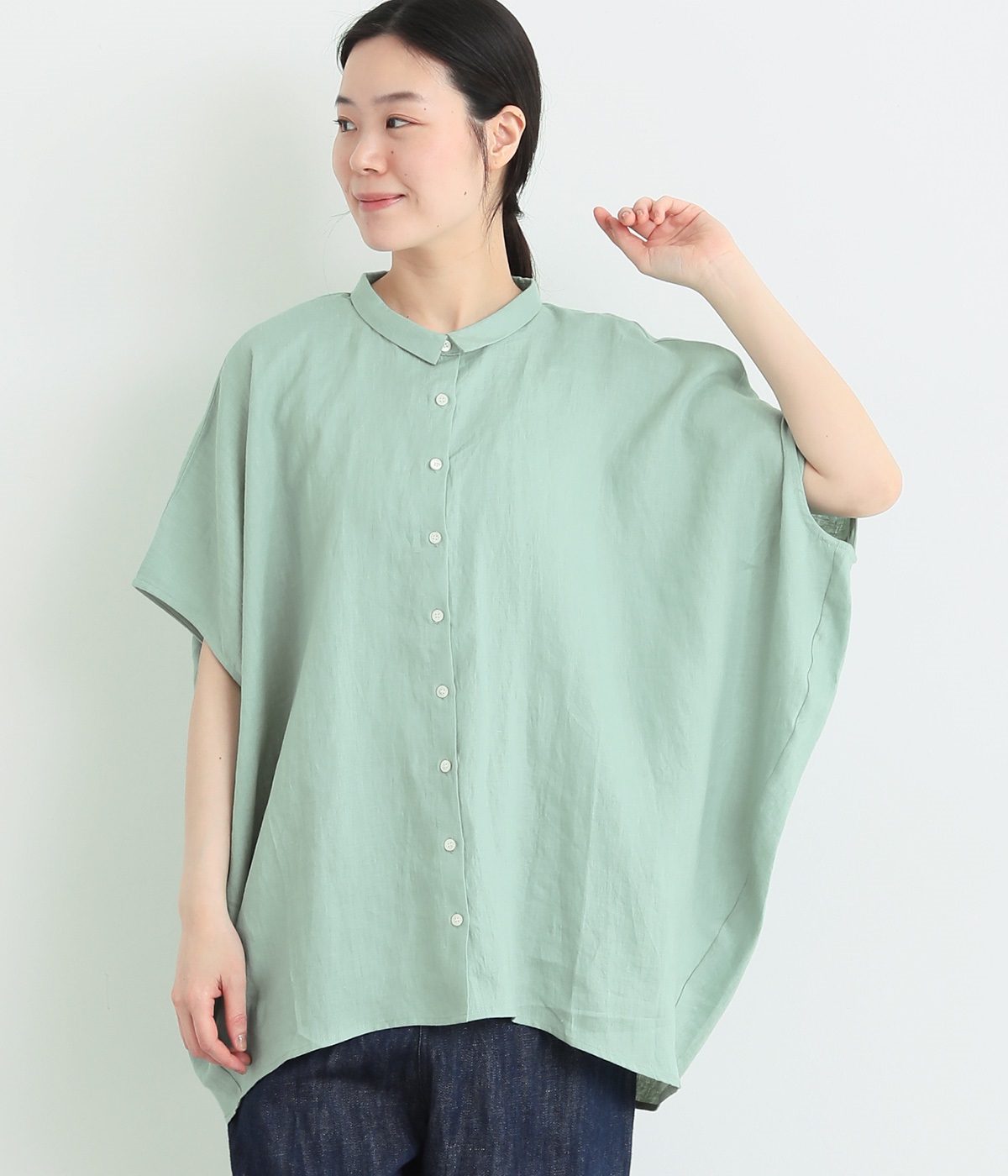 平織リネン　ちび襟コクーンシャツ(グリーン-ONESIZE)