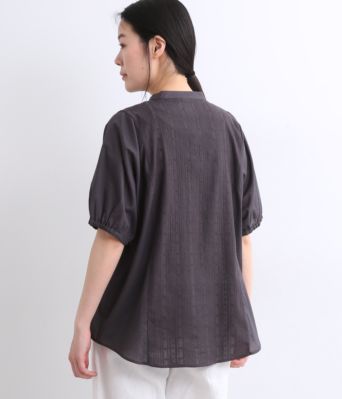 コットン×刺繍レース　異素材切替ブラウス(チャコール-ONESIZE)