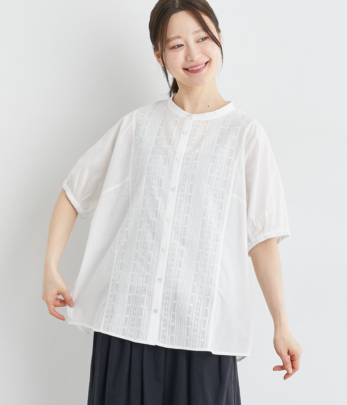 コットン×刺繍レース　異素材切替ブラウス(オフホワイト-ONESIZE)