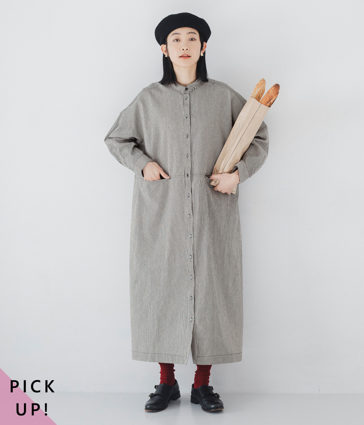 別注｜ヒッコリーちび襟ワイドワンピース(ブラック-ONESIZE)